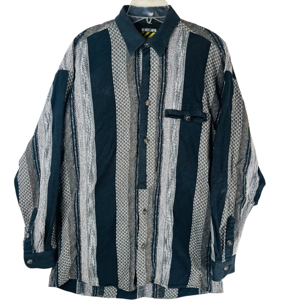Big Rock Canyon Mens Large Cotton Stripe Rugged Wear Button Up Shirt Black Gray